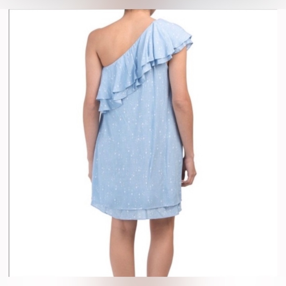 Charles Henry Shift Mini Dress One Shoulder Ruffle Pastel Blue Dot Medium Summer - Picture 2 of 13